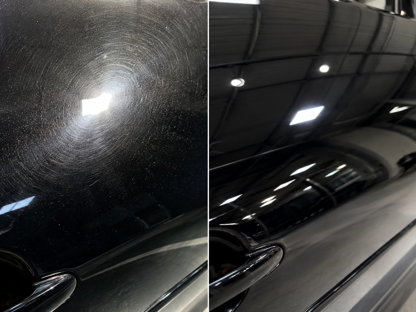 Before and after black vehicle paint enhancement