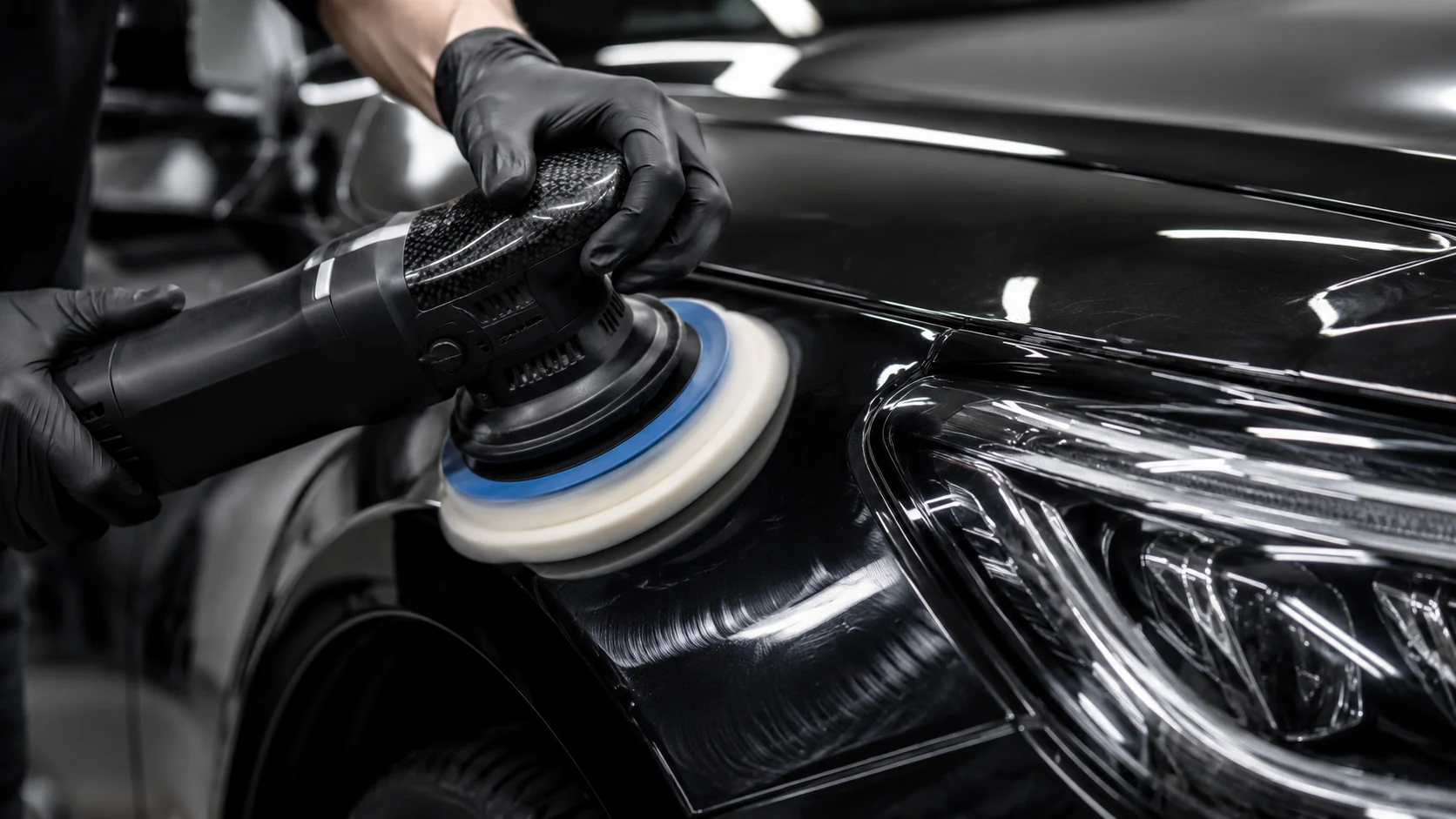 Professional machine polishing and paint enhancement on a black vehicle